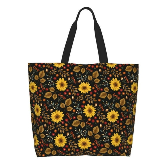 Pofeuu Fall Daisy Leaf Print Reusable Grocery Bags - Washable, Foldable, Packable Tote, Large Handles, Heavy Duty, Zippered Top Pouch