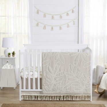 Sweet Jojo Designs Botanical Leaf Linen Beige Off White 4 Piece Crib Bedding Set