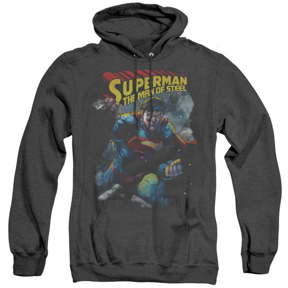 Superman Through The Rubble Adult Heather Hoodie Sweatshirt Black