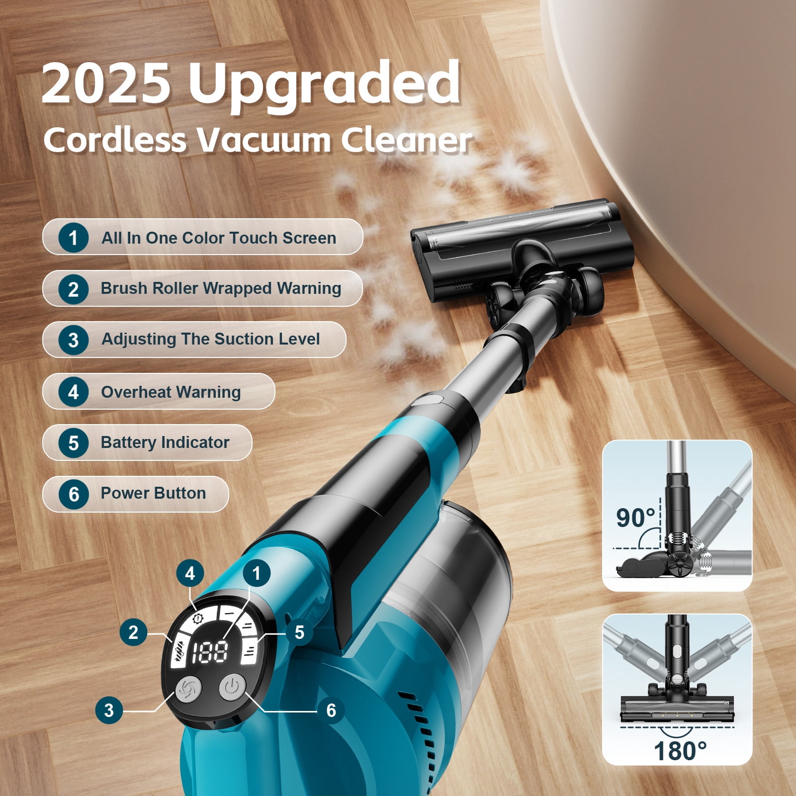 Amiluo Cordless Vacuum Cleaner, 700W 60KPA 72mins Brushless Vacuum Cleaners for Home, 8000mAh large Battery Stick Vacuum with Hepa Filter, 6 in 1 Handheld Vacuum for Pet Hair/Carpet/Hard Floor, V1-1