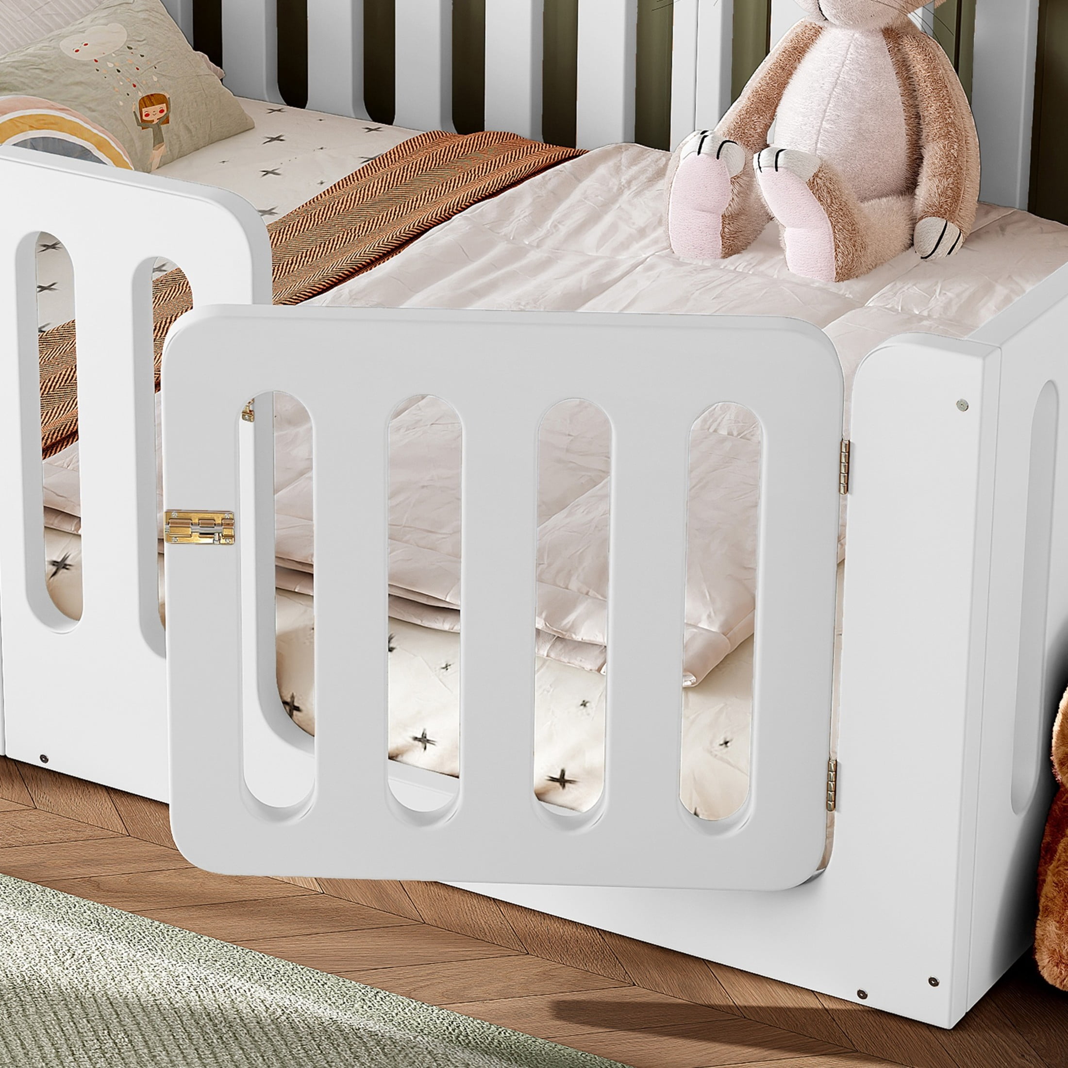 GDF Studio Queen Size Montessori Floor Bed with High Guardrails & Door, Low-Profile Design, White