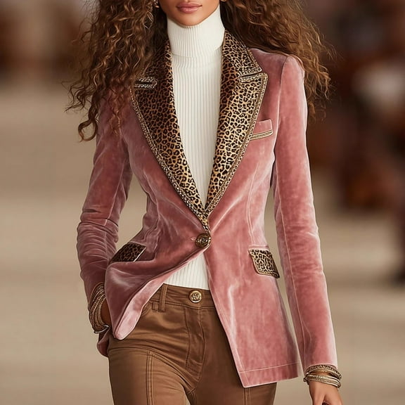 Women's Velvet Blazer, Leopard Print Collar Jacket, Single Button Slim Fit Blazer, Long Sleeve Business Blazer, Notch Lapel Work Jacket, Fashion Office Wear, Classic Style Blazer Pink