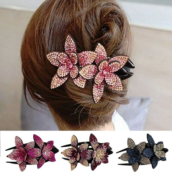 Meidiya Rhinestone Double Flower Hair Clip Rhinestone Crystal Flower Hairpin Barrettes Crystal Glitter Duckbill Hair Claw for Women Girls Thick Long Hair