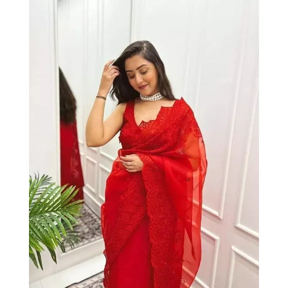 Sethi Trades Women's Handpicked Organza Saree with Hand Embroidery, Dori & Cutwork – Designer Ethnic Wear