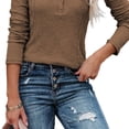 thumbnail image 3 of Blusa elegante y ajustada de color puro, diseño de medio botón, manga larga y escote en V, color marrón, talla 3XL, 3 of 6