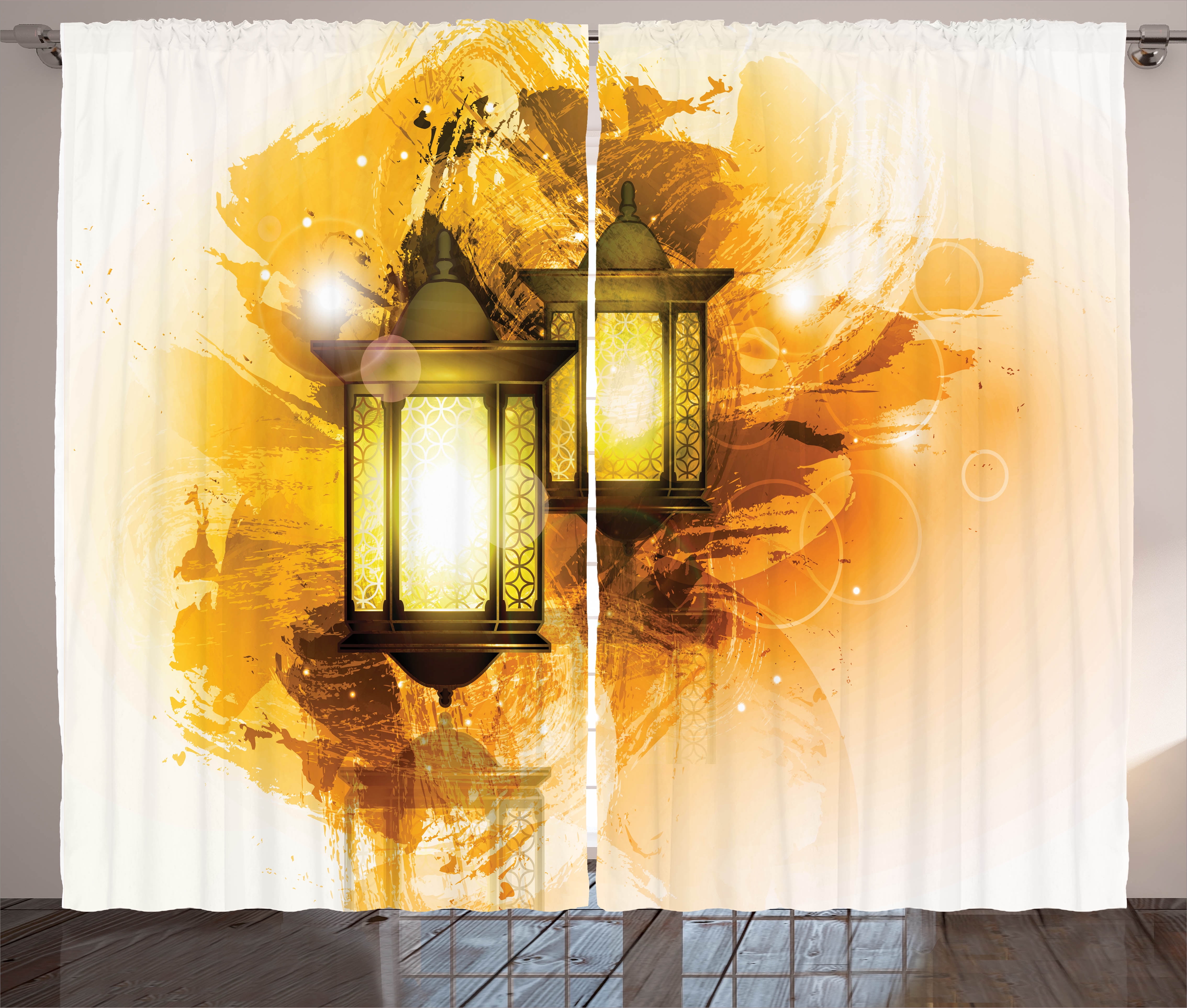 Arabesque Curtains 2 Panels Set, Urban Ramadan Kareem Lanterns Antique Islamic... by Kozmos
