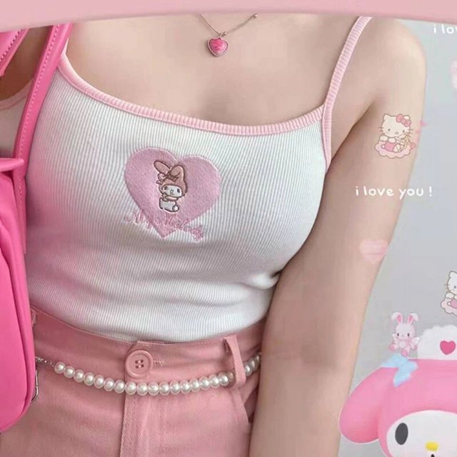 Sanrios My Melody Suspensión Dibujos animados japoneses Cinnamoroll Kuromi Y2K Spicy Girls Impresión personalizada Camiseta sin mangas con sujetador bordado