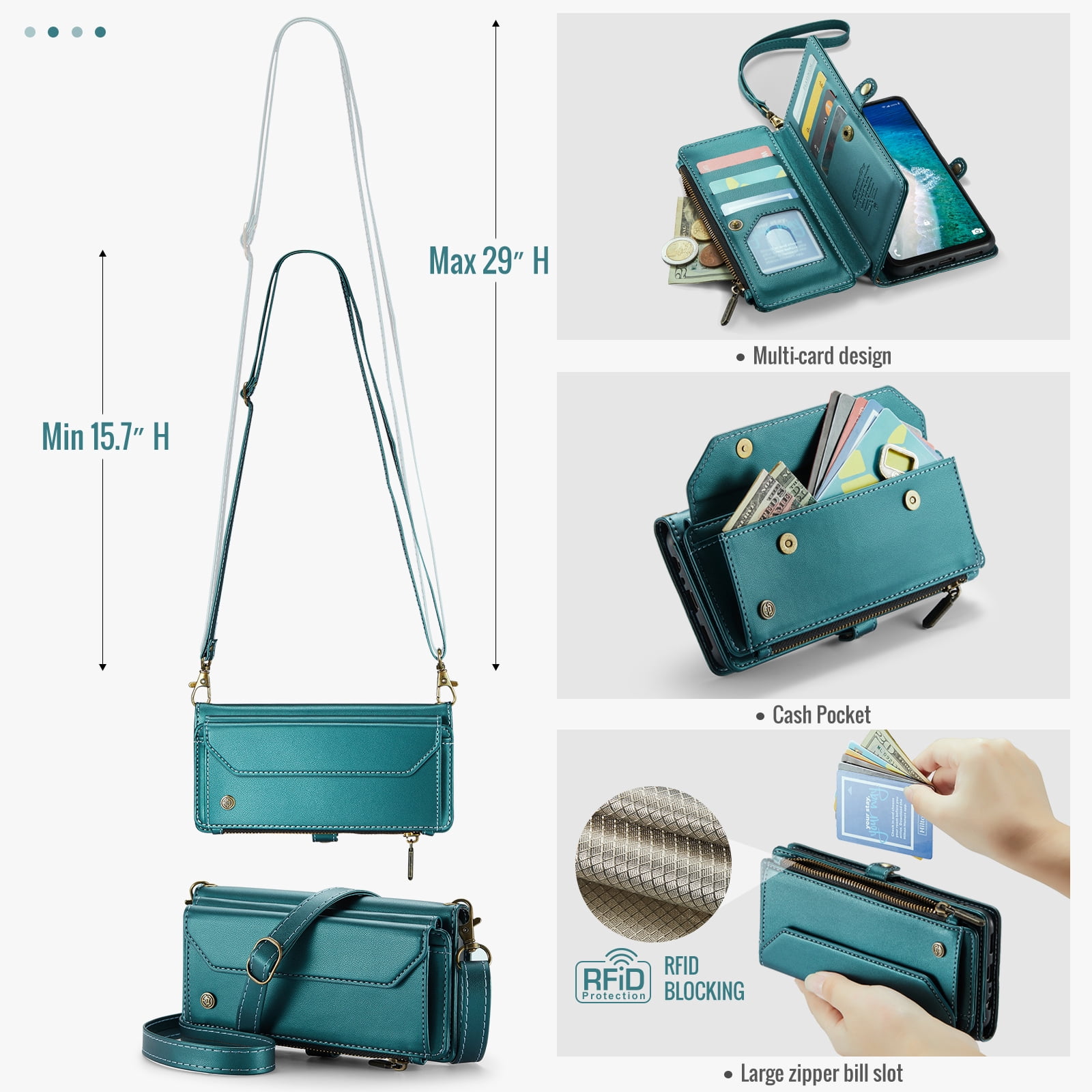 for Samsung Galaxy A16 5G Wallet Case with 10 Card Slots Zipper Pocket,PU Leather Magnetic Flip Folio Wristlet Shoulder Strap 3-in-1 Crossbody Phone Case Wallet for Women Men,Green