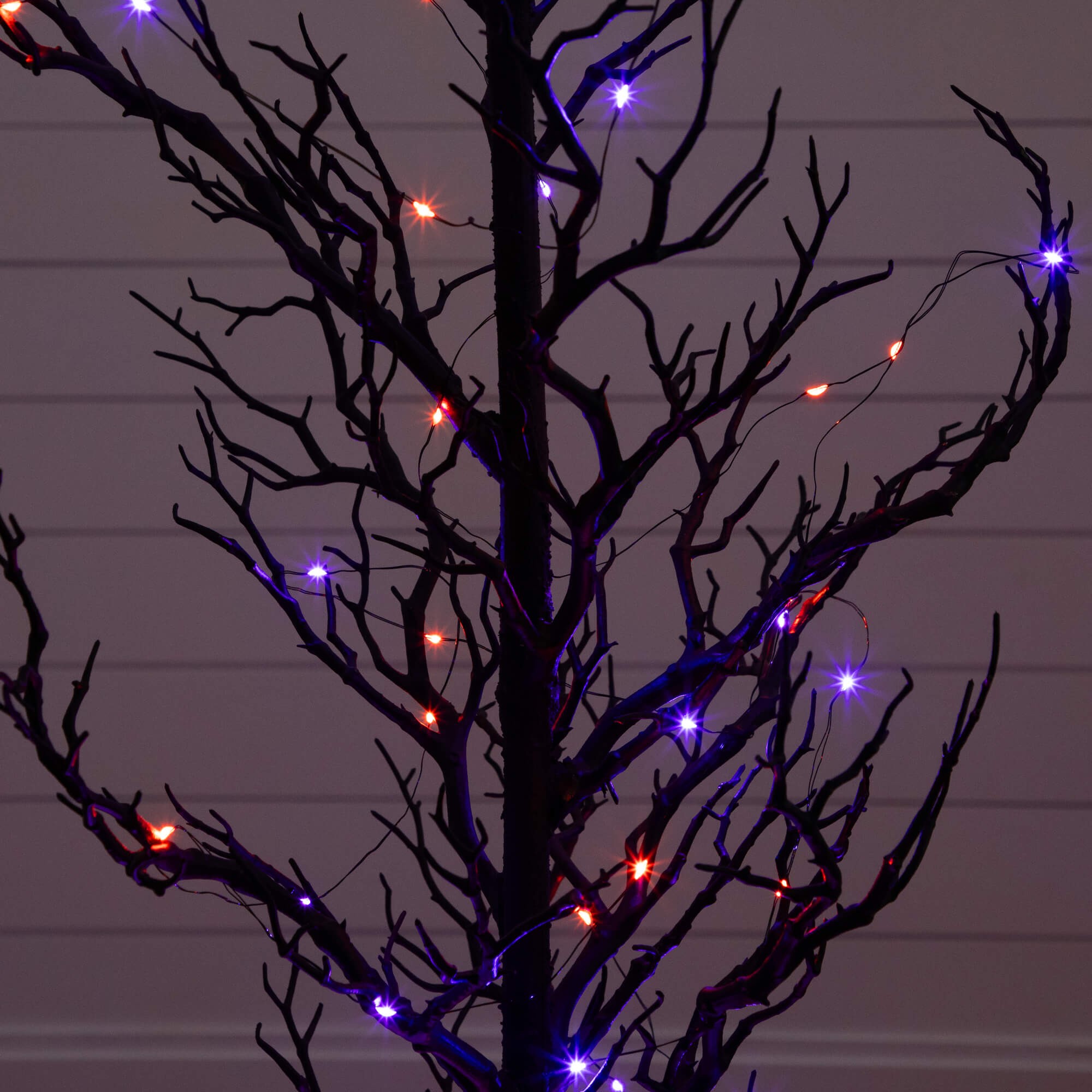 Nearly Natural 5ft. Pre-Lit Artificial Halloween Black Spooky Twig Tree with 200 Orange & Purple Copper Wire String LED Lights