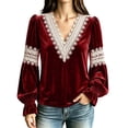 thumbnail image 2 of Lutiedan Velvet Tops for Women Lace V Neck Puff Long Sleeve Shirts Dressy Casual Fall Winter Velour Blouses S-XXL, 2 of 8