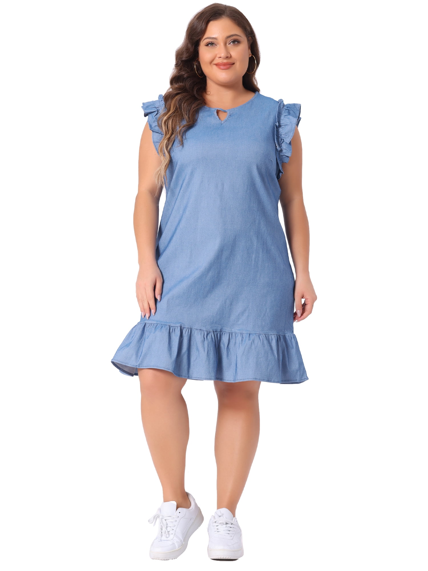 DARING DIVA Plus Size Keyhole Ruffle Shoulder Flared Sleeveless Dress 4X Light Blue