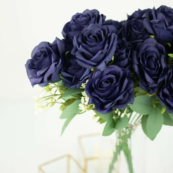Efavormart 2 Bushes | 18" Navy Blue Artificial Silk Rose Flower Arrangements, Real Touch Long Stem Flower Bouquet