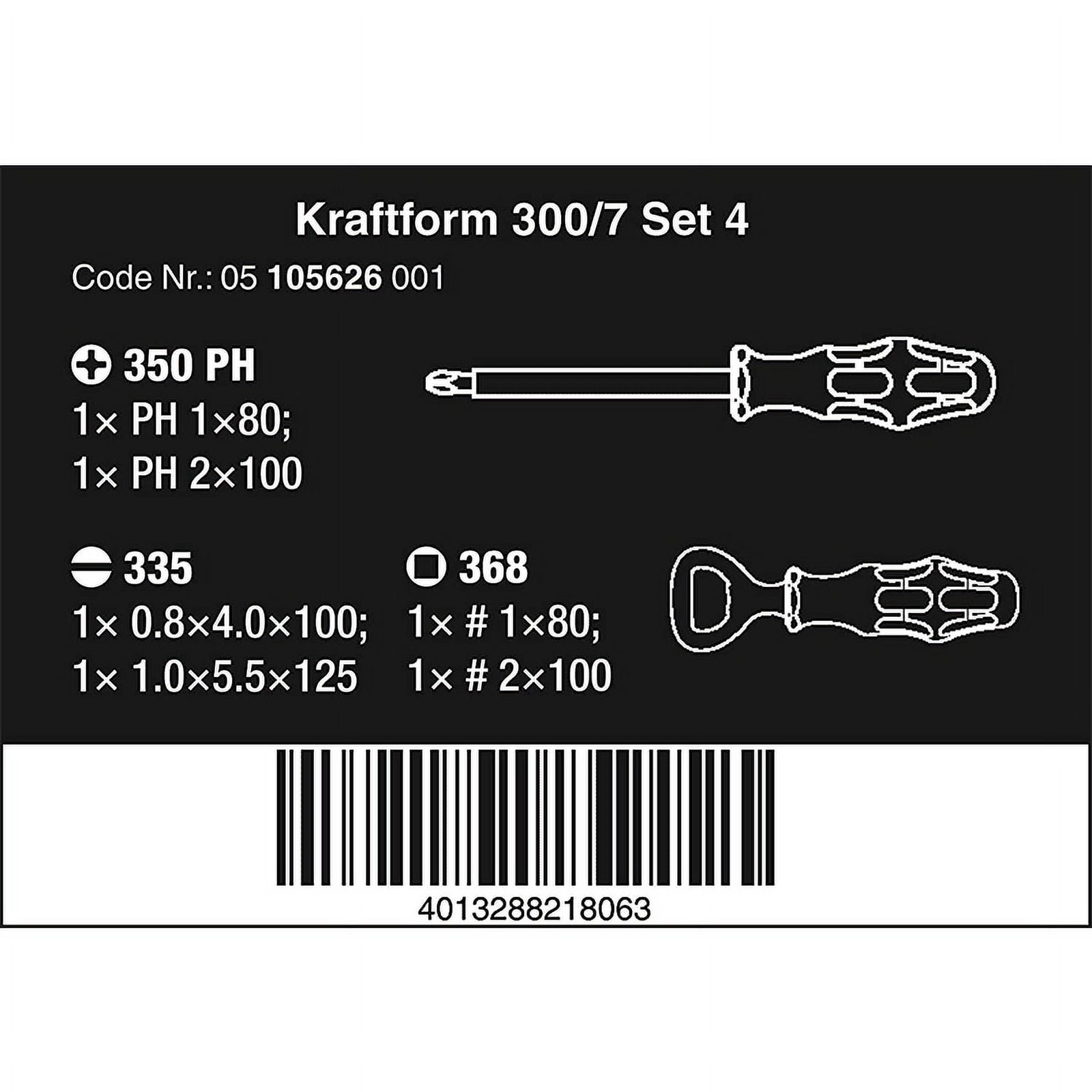 Wera 105626 Kraftform Plus 300/7 Screwdriver Set 4, PH/SL/SQ, 7 Pieces