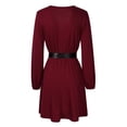 thumbnail image 6 of Furvclv Women Long Puff Sleeve Mini Dress Deep V Neck Solid A-Line Party Casual Dress, 6 of 9