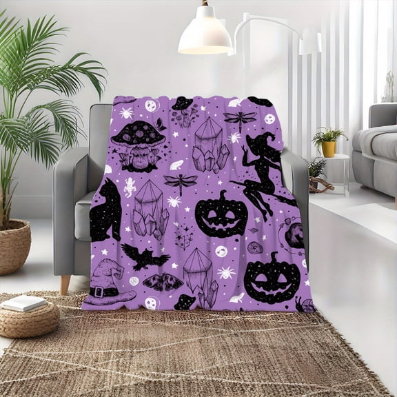 Ultra-Soft & Warm Flannel Throw Blanket - Gothic Purple with Black Witches, Bats, Pumpkins, and Magical Creatures - Heavy-Duty 280GSM All-Season Couch, Bed, Office, Dorm Blanket - Machine Washable -