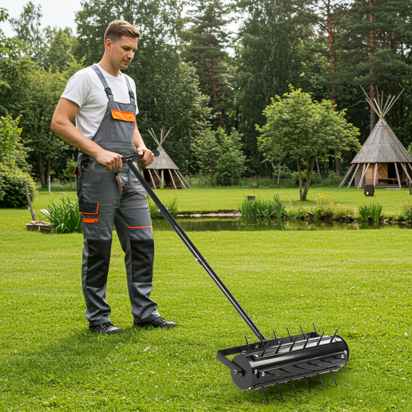 17-Inch Rolling Lawn Aerator with T-Shaped Handle, 2-Inch Steel Spikes, Galvanized Steel Frame, Universal for All Soil Types, Heavy-Duty Lawn Aeration Tool for Yard Patio Garden