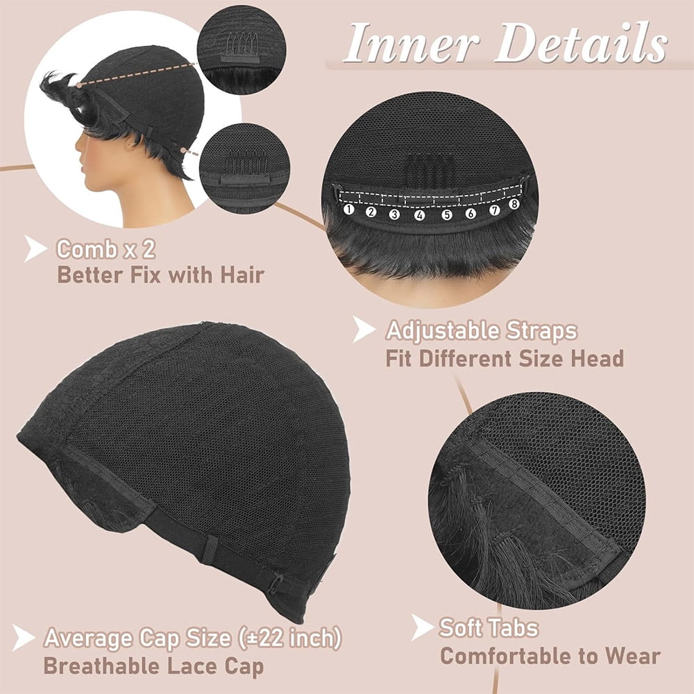 Human Hair Pixie Cut Wigs for Black Women Short Layered Straight Pixie Cut Wigs With Bangs Remy Hair Natural Black Color No Glue Wig