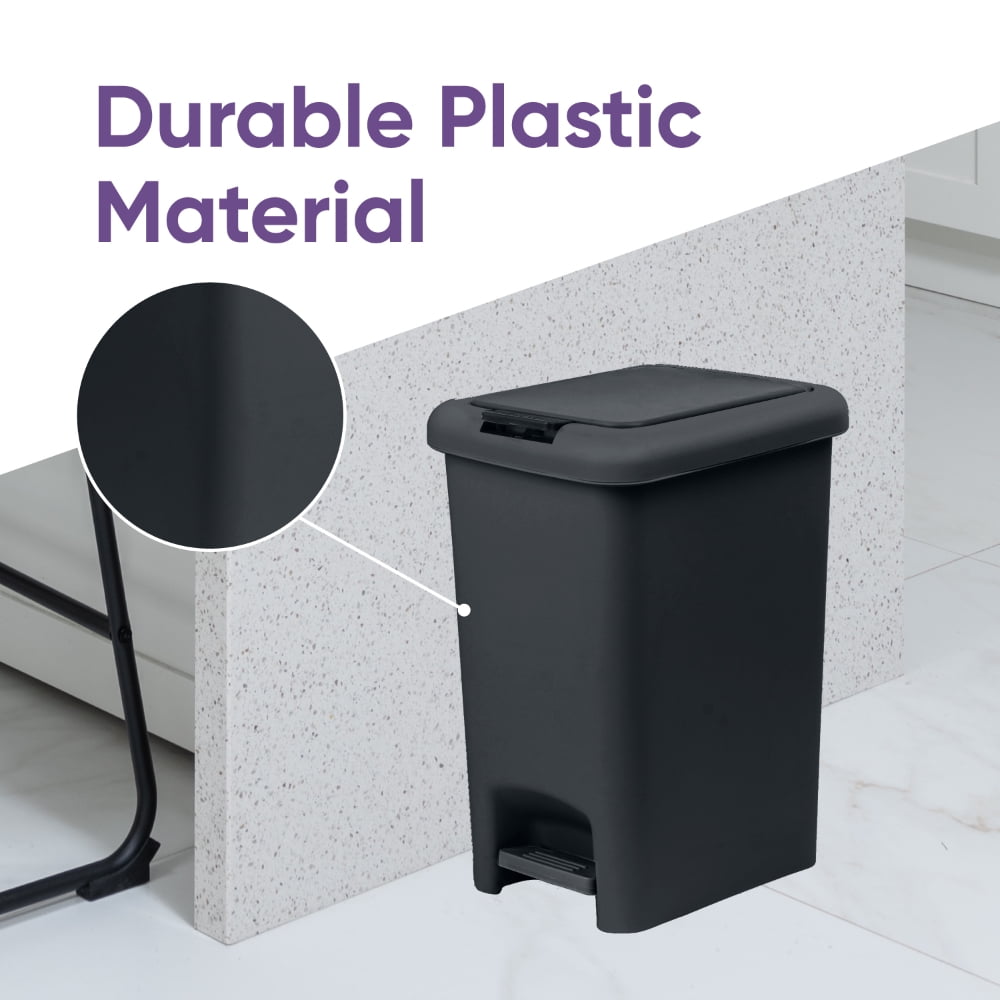 Superio 10L Slim Step & Push Trash Can - Dual Opening, Compact Design (10.63"x7.68"x13.53") - Black