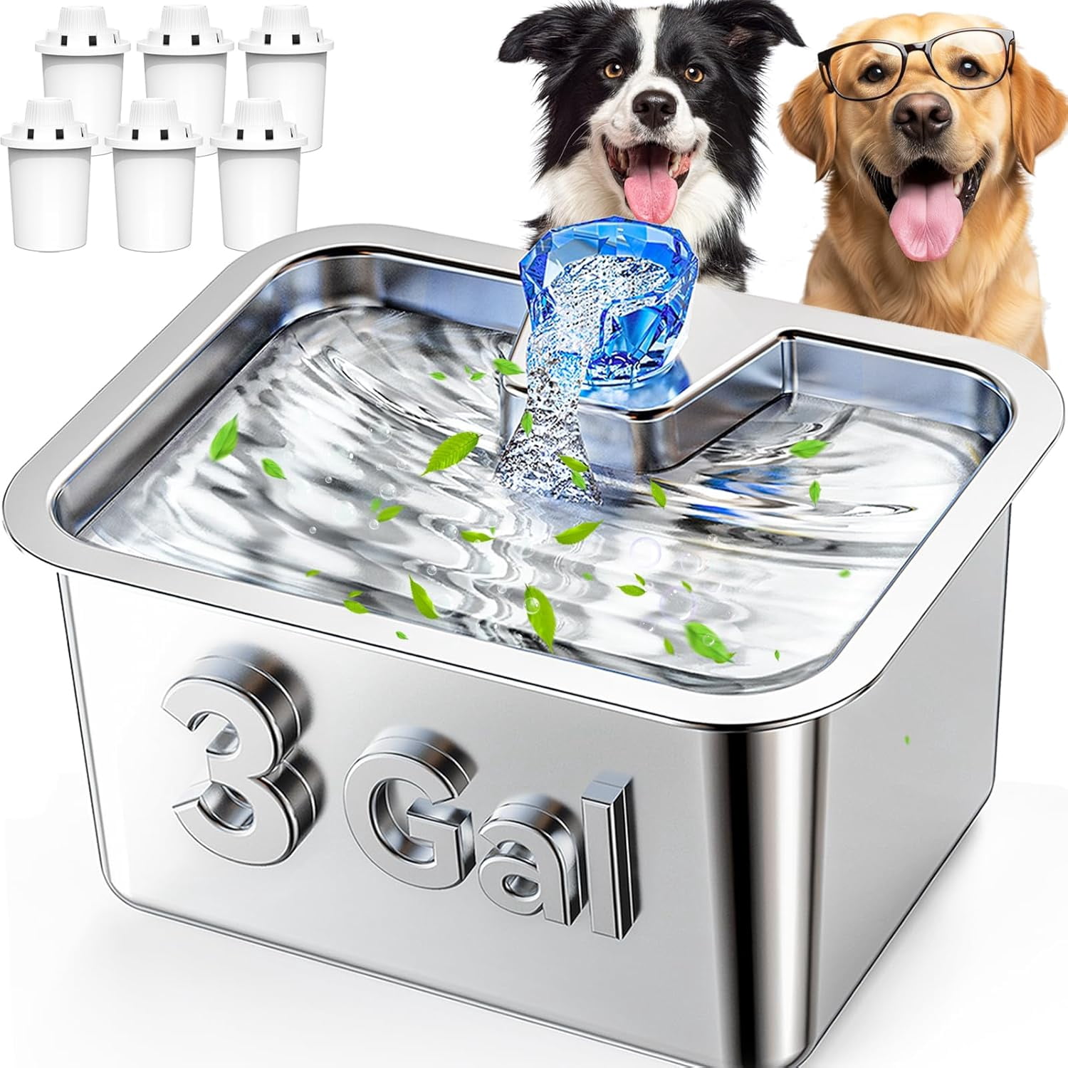 Dog Water Fountain with Silicone Mat - 3 Gallon Stainless Steel Pet Water Fountain with 6 Filters, Quiet Automatic Bowl Dispenser Drinking Waterer for Large Dogs & Multi-pet, Easy to Clean