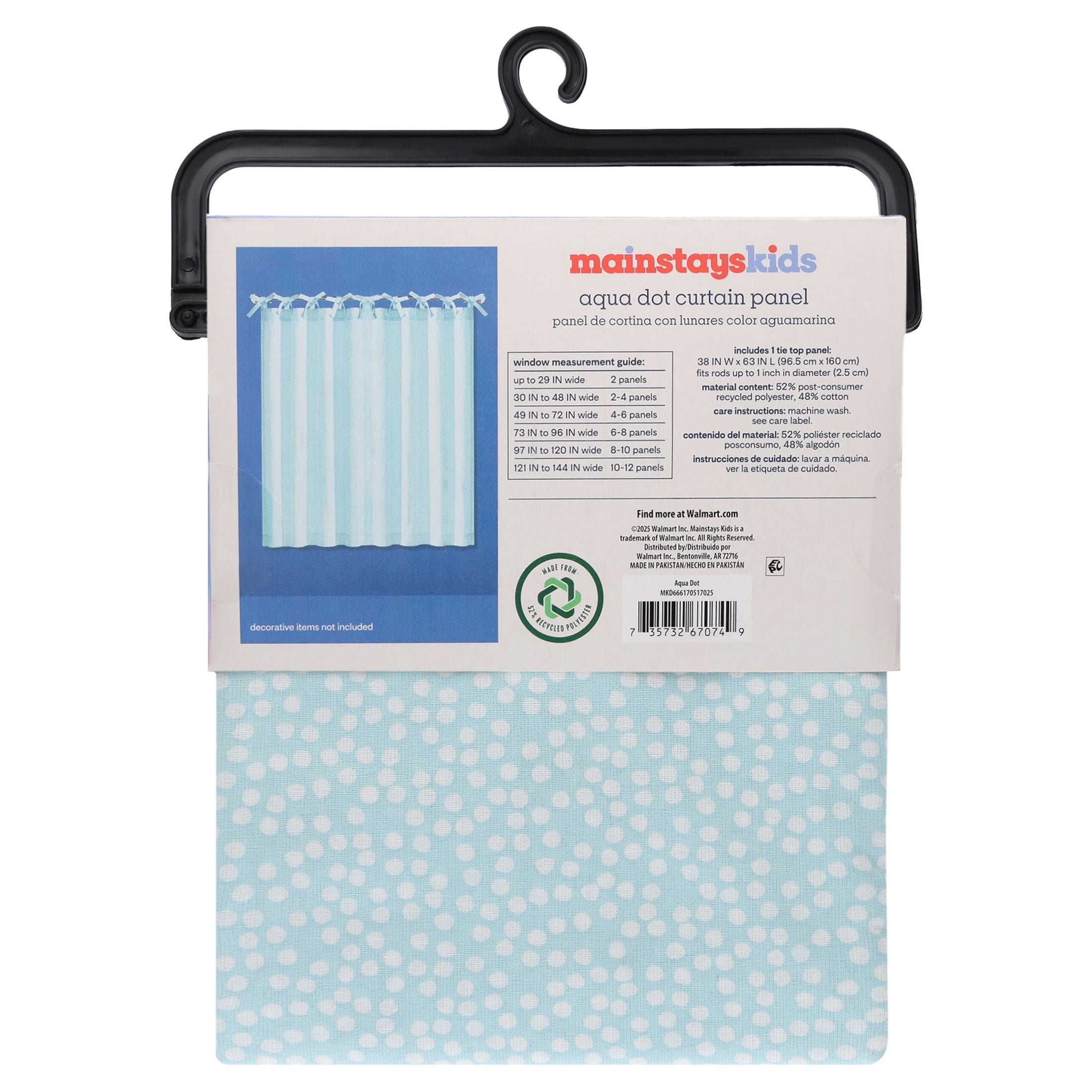Mainstays Kids Aqua Blue Dotted Light Filtering Tie Top Single Curtain Panel, 38" W x 63" L