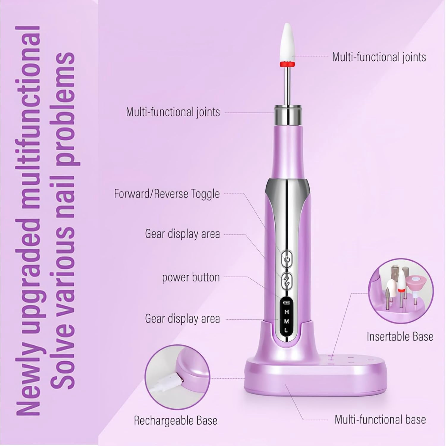 Professional Cordless Nail Drill Kit: 3-Speed Adjustable, Ultra-Quiet Electric Manicure Tool with 12 Bits & 31 Bands for Salon/Home Nail Art, Rechargeable & Portable