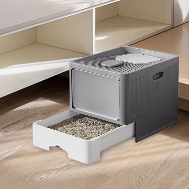 Caja de arena plegable para gatos, bandeja de arena para gatos, portátil, reutilizable, entrada de lado alto, orinal para gatos completamente , GRIS