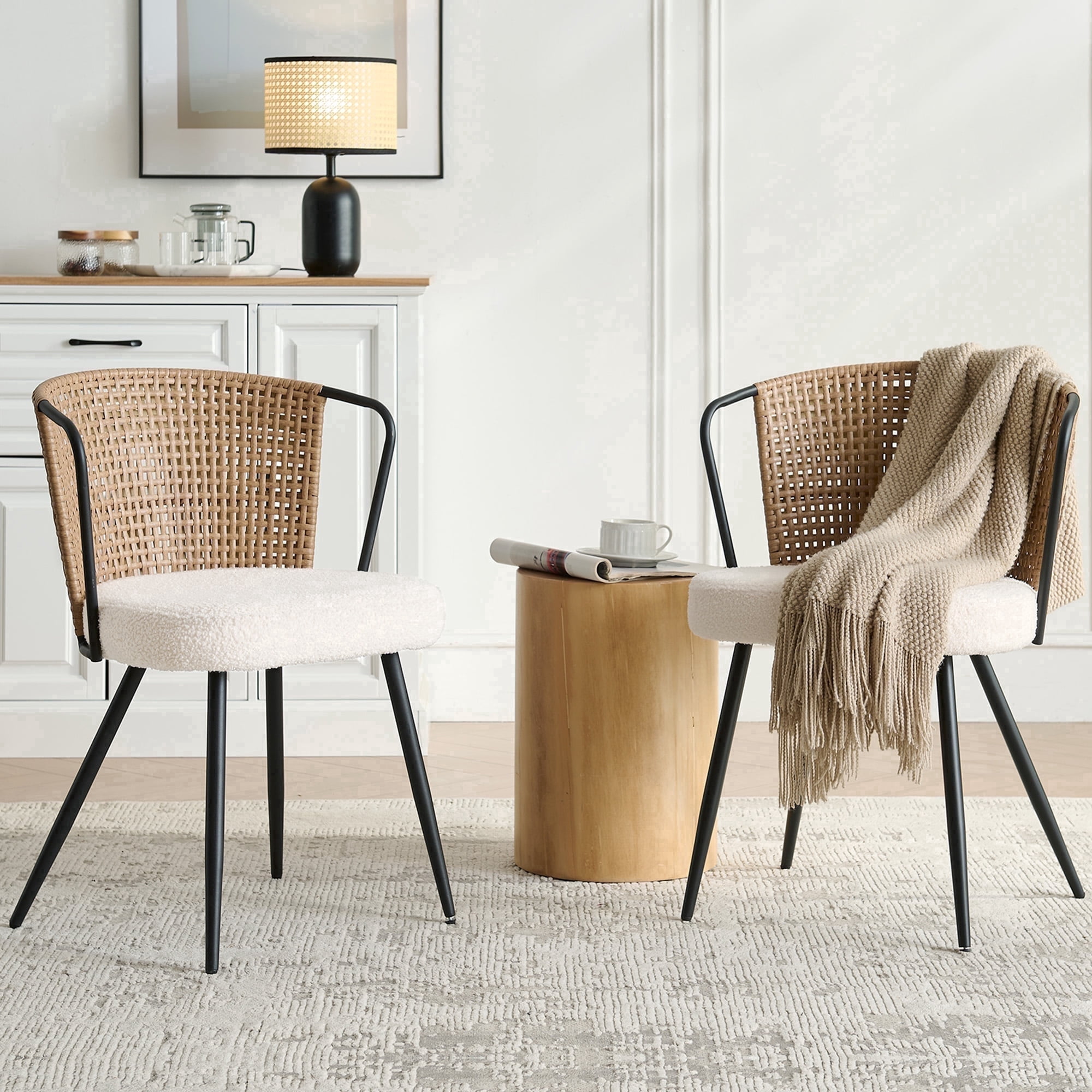 Dining Chairs Set of 2,SailvanUpholstered Mid-Century Rattan Chairs, Kitchen Dining Chairs with Rattan Backrest & Boucle Cushion,Farmhouse Accent Chair Side Chair with Metal Leg,Brown