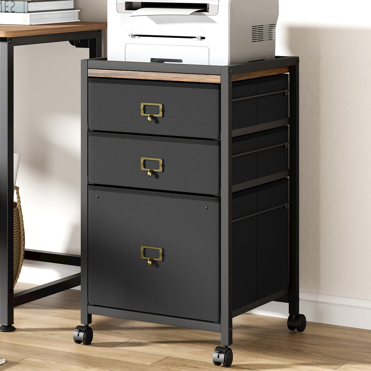 TEQIN 2-4 Drawer File Cabinet with Wheels,Metal Mobile Filing Cabinets with Fabric Drawers,Vertical Filing Cabinet With Lock for Home Office,Heavy Duty Storage Cabinet for A4/Letter/Legal Size File
