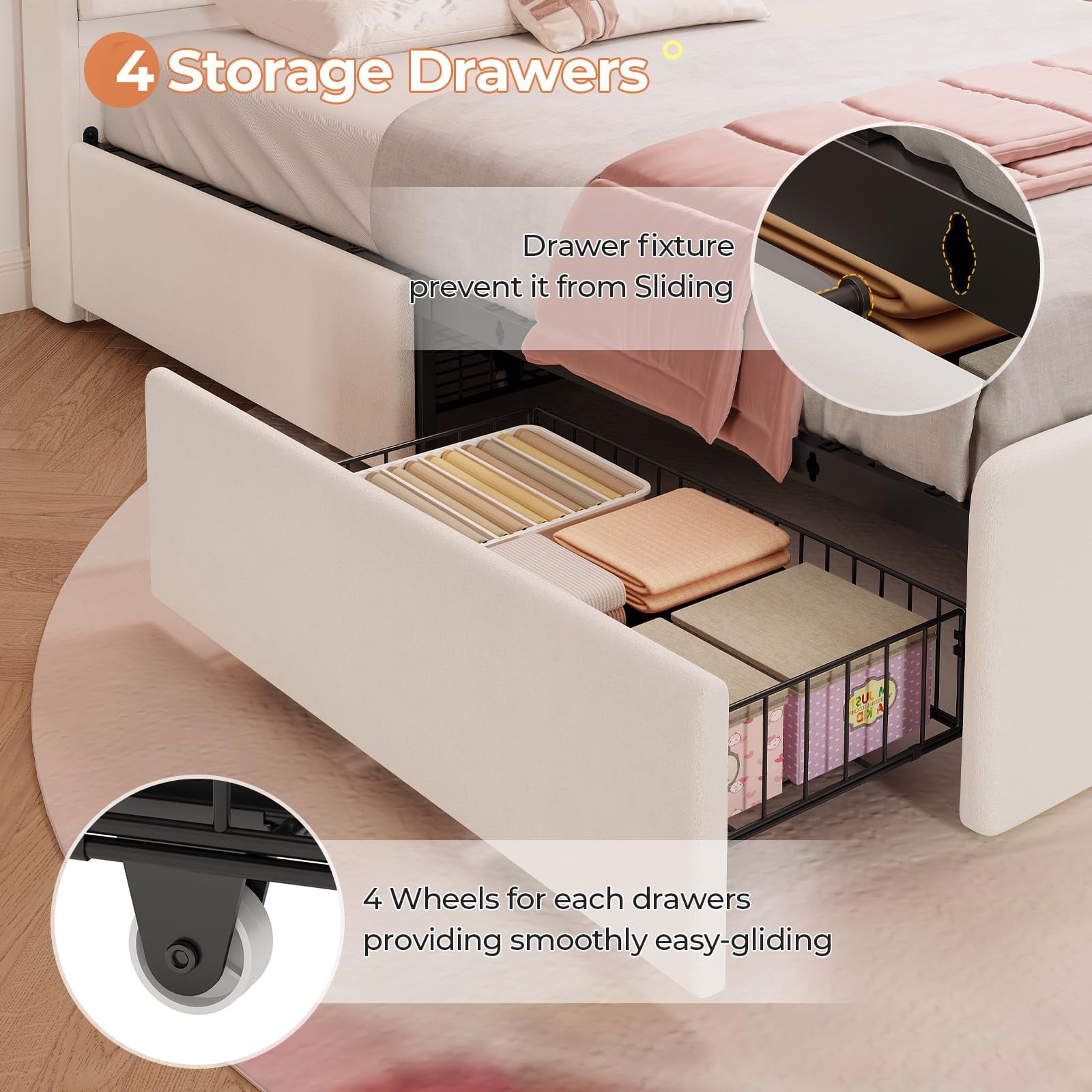 Afuhokles Velvet Upholstered Full Size Bed Frame with 4 Drawers and Hidden Storage Headboard, LED Lights and Charging Station,White
