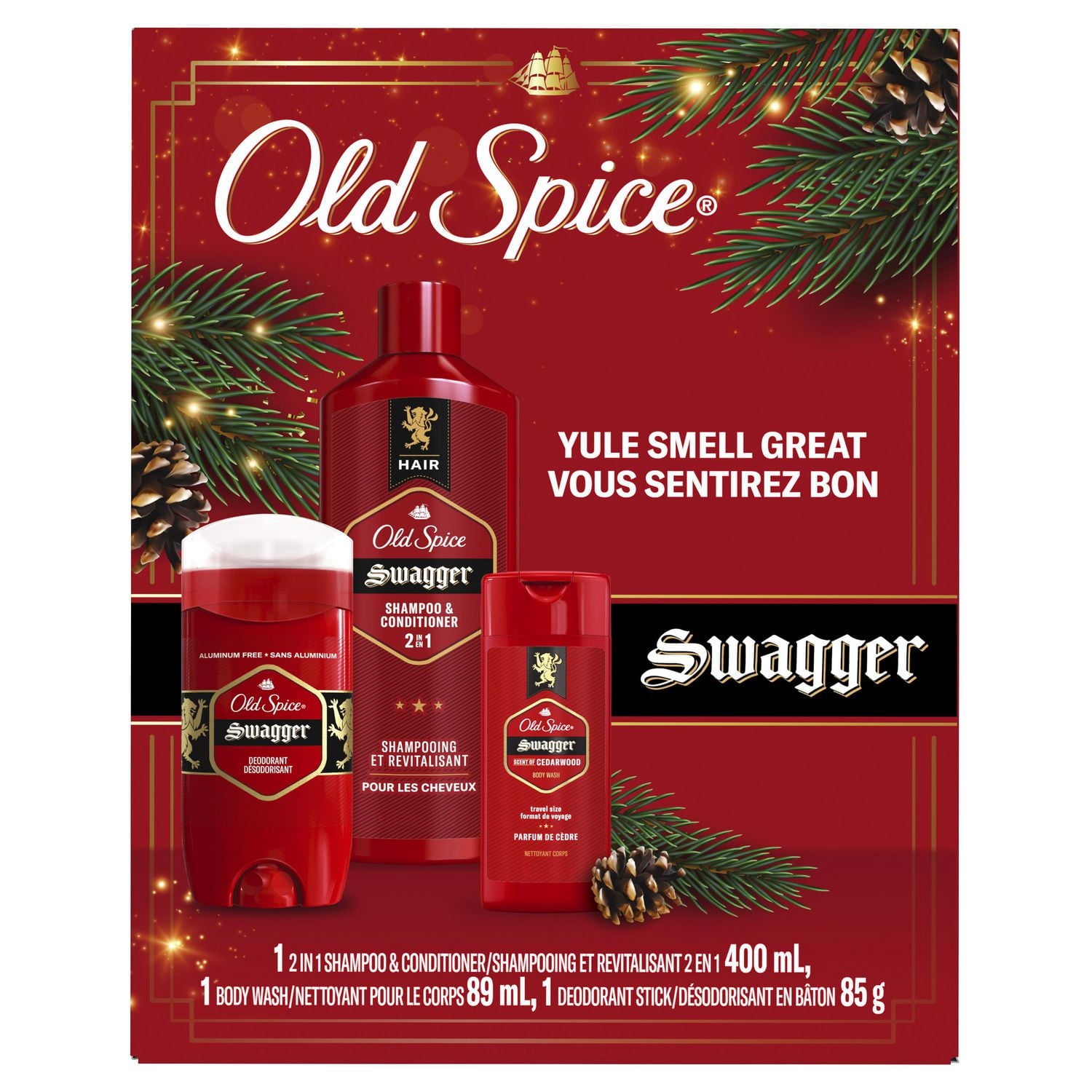 Ensemble-cadeau Old Spice Vous sentirez bon avec un shampooing et revitalisant 2 en 1 Swagger de 400mL, un nettoyant pour le corps Collection Rouge de 89mL et un désodorisant de 85g