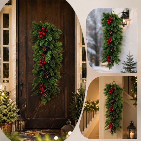 YingYouFu Christmas Pine Teardrop Swag, Artificial Cedar Wall Hanging Garland Fir, Pinecone Decoration for Front Door Entryway Living Room Wall Mantel