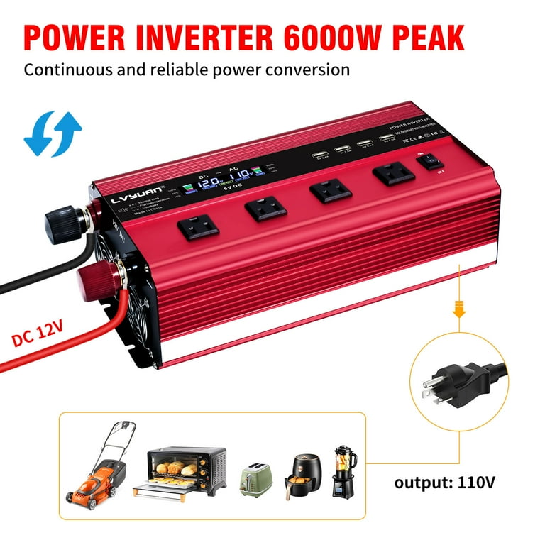 LVYUAN Power Inverter 3000W/6000W Modified Sine Wave DC 12V to AC