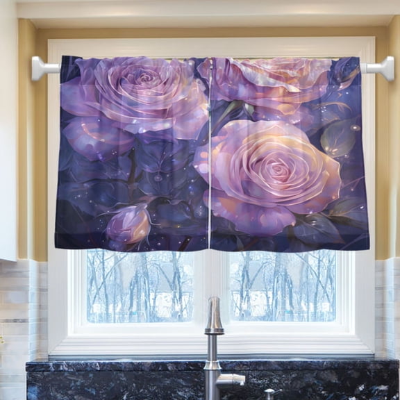 Ryvnso Roses Flowers Purple Half Curtains Sets Tier 2 Panels Short Curtain Rod Pocket 27"W x 24"L