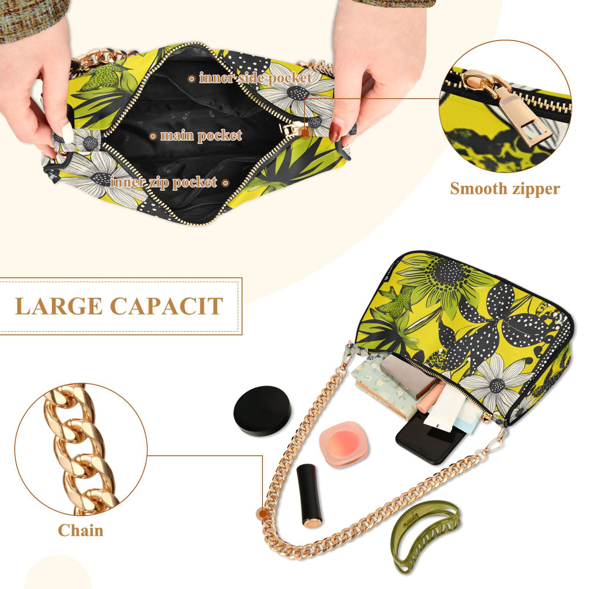 FORMRS Womens Shoulder Bag with Chain Strap Clutch Purse Cute Tote Handbag, Yellow Flowers