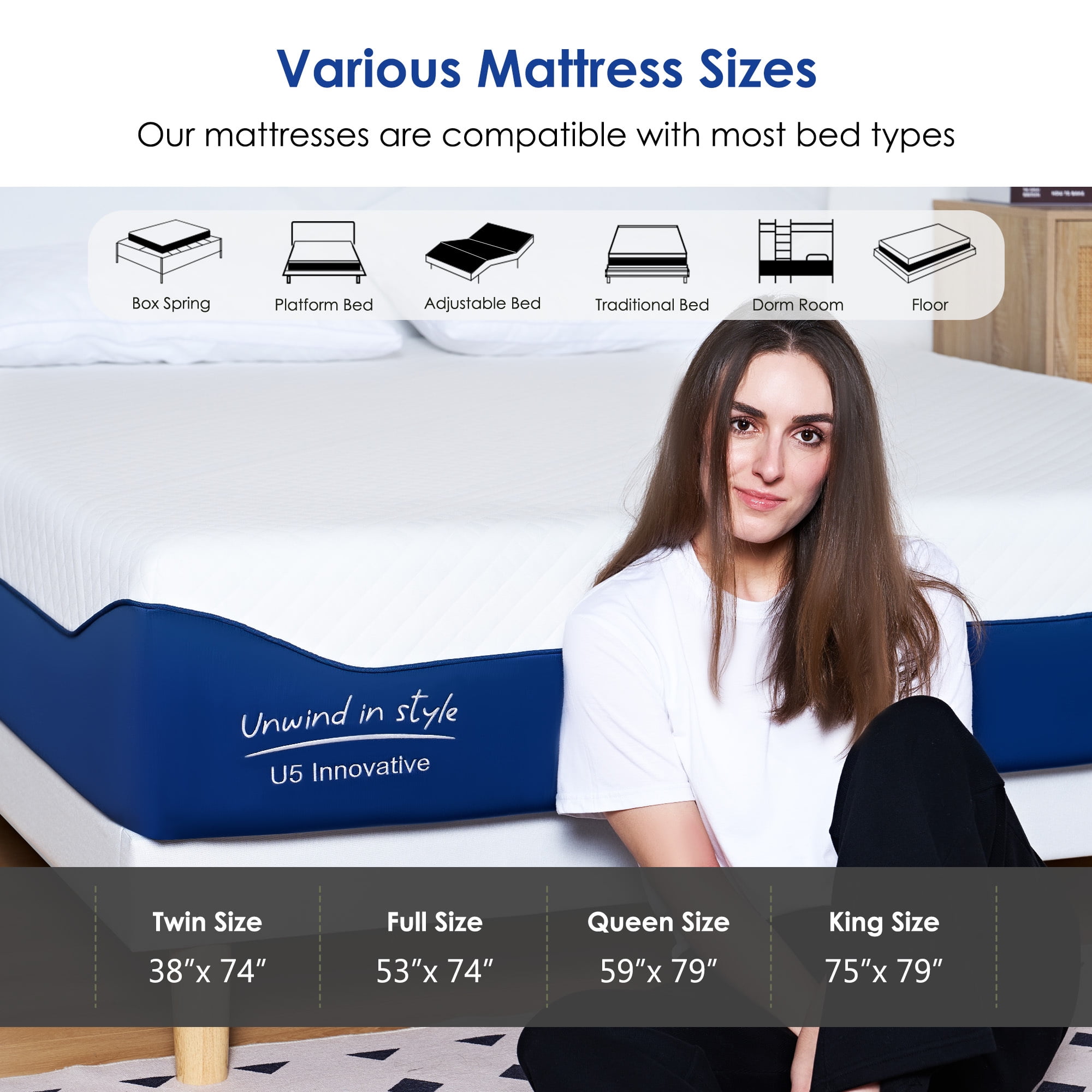 SogesPower 12 inches Full Size Hybrid Mattress Gel Memory Foam Mattress, Medium Firm Memory Foam Mattress with Washable Cover, Bed Mattress for Pressure Relief, CertiPUR-US Certified, Blue+White
