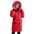 thumbnail image 3 of XPMWRP Women's Quilted Fleece Hooded Puffer Jacket Long Sleeve Solid Color Long Coat Winter Warm Thick Zipper Jacket with Pockets Red S, 3 of 8