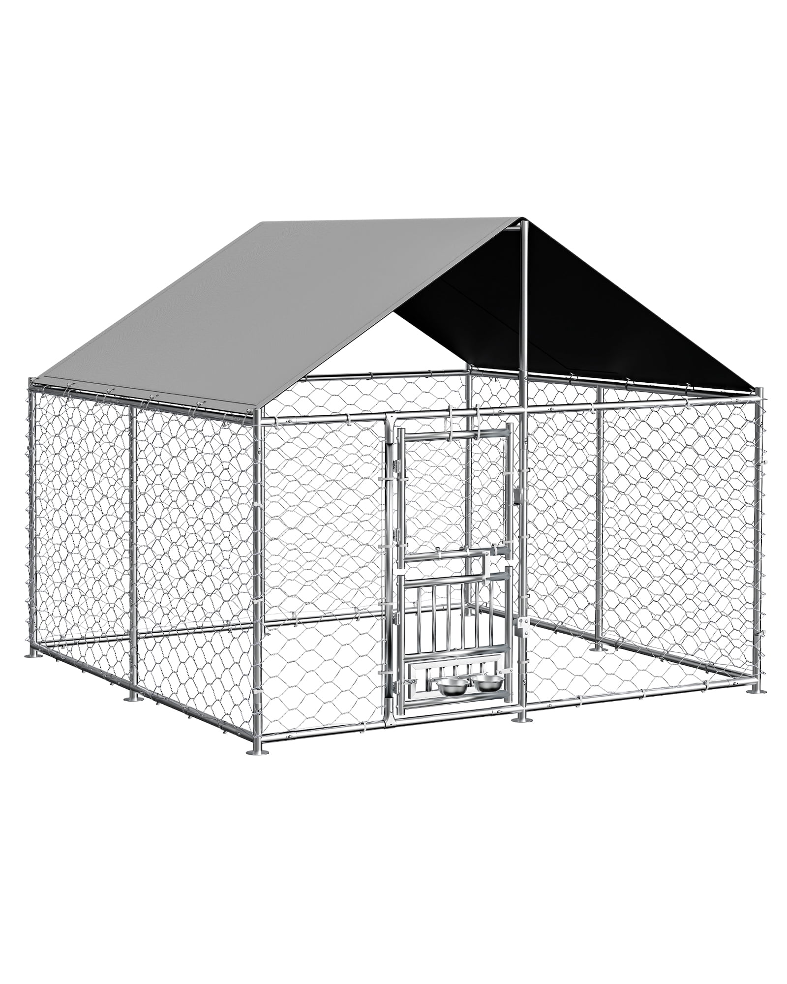 All-Weather 7.5'x7.5' Outdoor Dog Kennel, Heavy Duty Anti-Rust Metal Frame with Waterproof UV Cover, Secure Lock & Rotating Feeder, Durable Outside Dog Cage for Backyard Farm