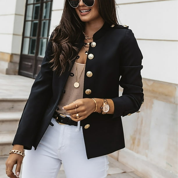 VOSS Women Casual Slim Top Button Long Sleeve Stand Collar Solid Business  Jacket Trendy Office Short Coat - Walmart.com