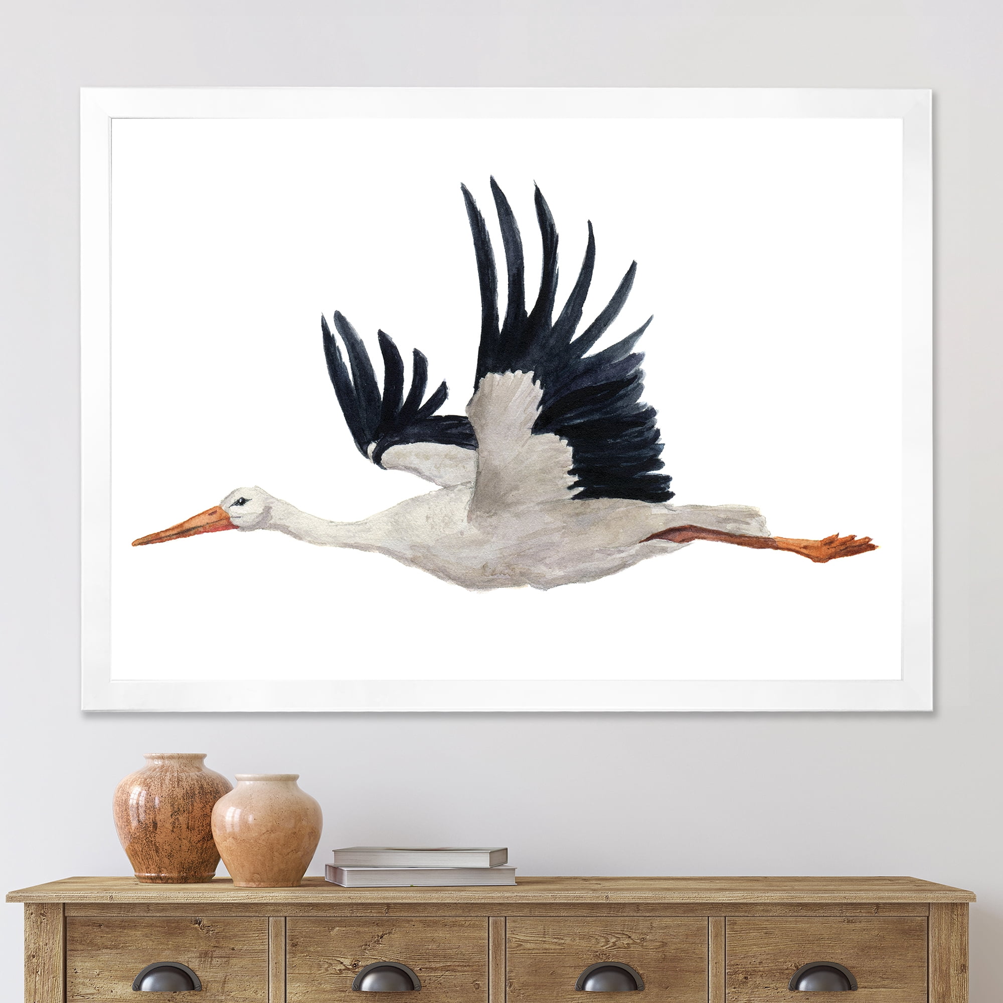 Designart 'White Stork Ciconia Flying Bird ' Traditional Framed Art Print