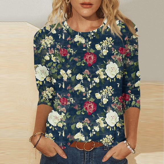 Summer Xqxayjr Ladies Summer 3/4 Sleeve Round Neck Tunic Tops Under $5 Loose Fitting Floral Print T-Shirts Going Out Black T Shirts Clothes Birthday Gifts