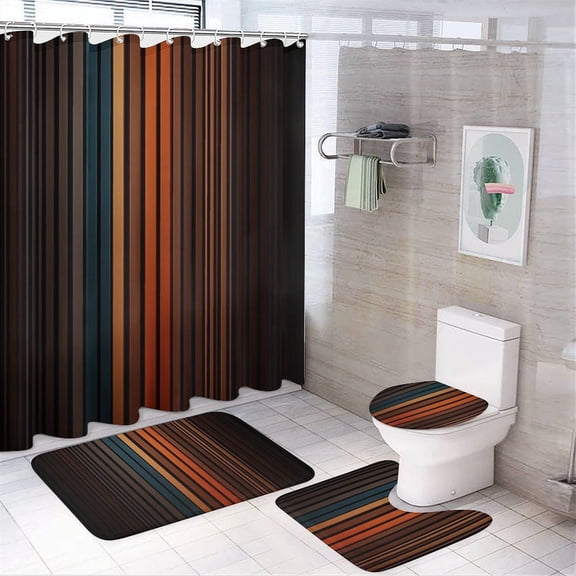 3D Abstract Lines 4Pcs Shower Curtain Set Shower Curtain Set with Carpet Bath Mat