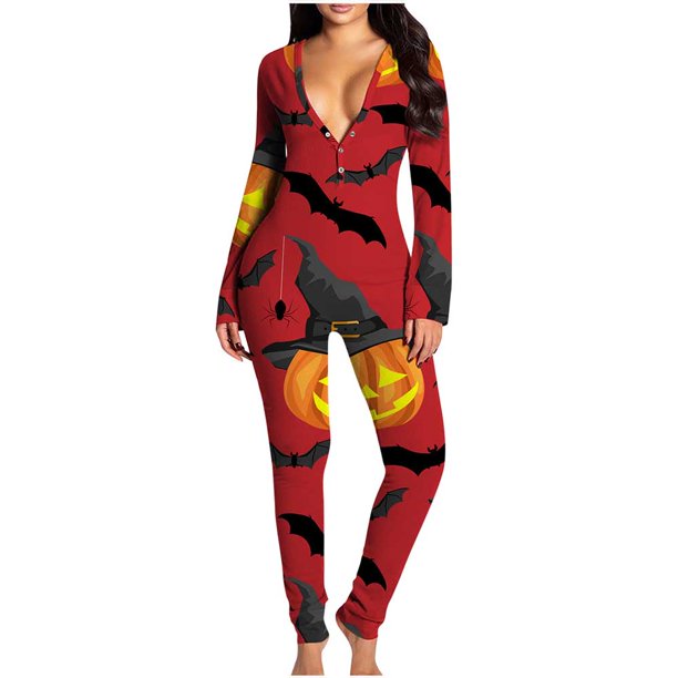 Mchoice Halloween Pajamas Women Onepiece Pajamas Butt Button Back Flap