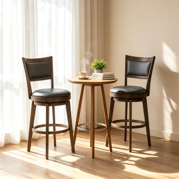 30-Inch Seat Height 2PCS Bar Stool Set with Black Faux Leather Backrest and Solid Rubber Wood Frame