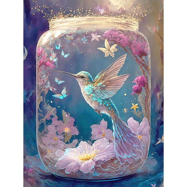 Pintura de diamante 5D DIY, taladro redondo completo, colibrí en un tarro, decoración, 30x40cm
