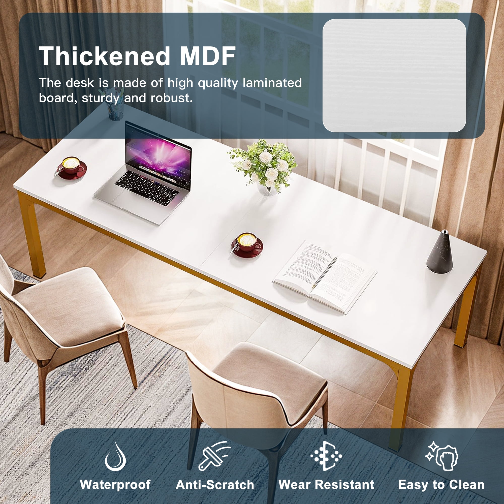 Demi Bonn 78" Farmhouse Dining Table, Wood Rustic Kitchen Table for 8 People, Large Rectangular Dinner Table for Dining Room, Home Office, Living Room Furniture, White & Gold