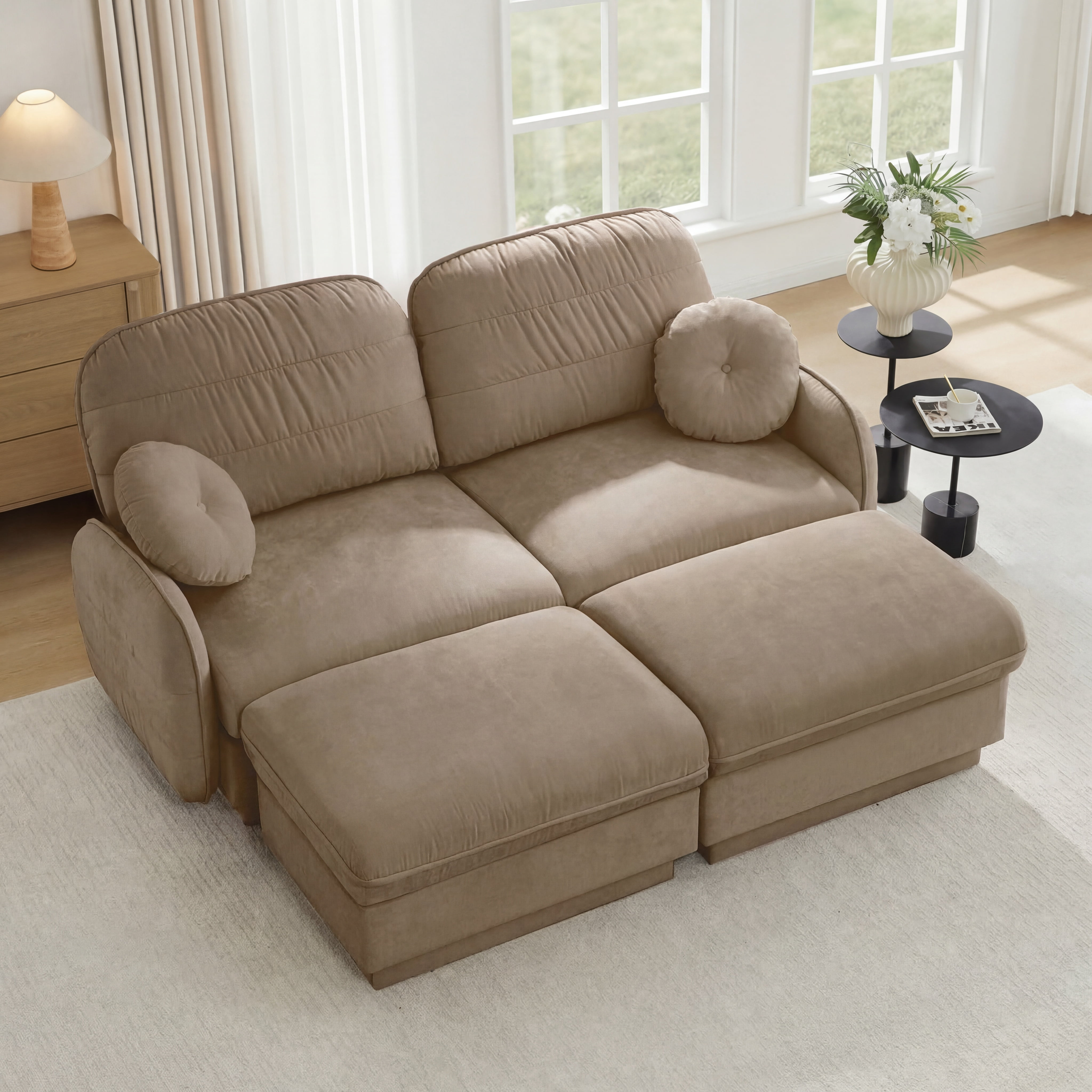 Mintazer Chenille Cloud Loveseat Sofa with 2 Movable Ottoman and Round Pillows, U-Shaped Ergonomic Sofa Couch for Living Room, Bedroom, Light Coffee