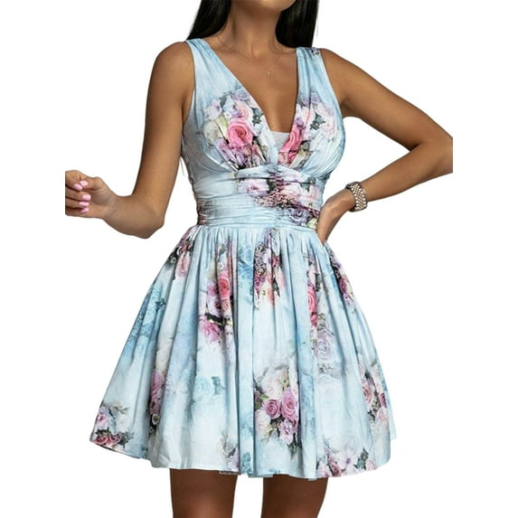 Frontwalk Ladies Sexy Lace Up Swing A-Line Dresses Pleated Flowy Short Mini Dress Women Deep V Holiday Summer Sundress