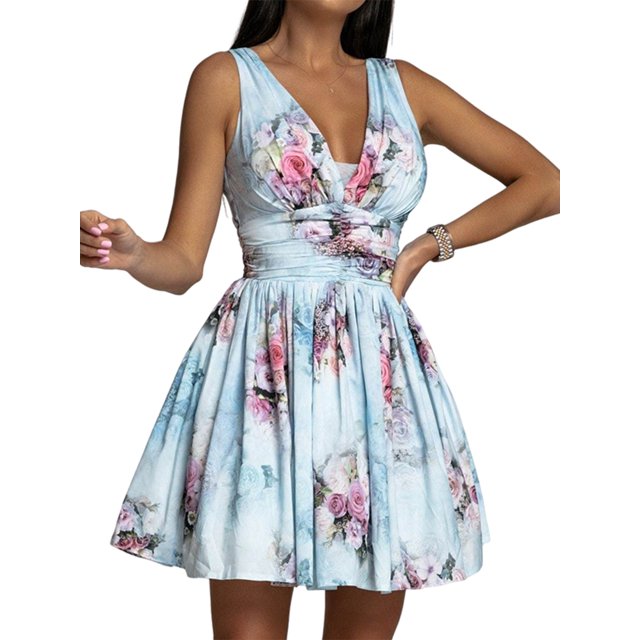 Bellella Robe Trapèze Évasée pour Femmes Dos Nu d'Été, Robe Courte Mini à Lacets, Mode, Sans Manches, Bleu, TG