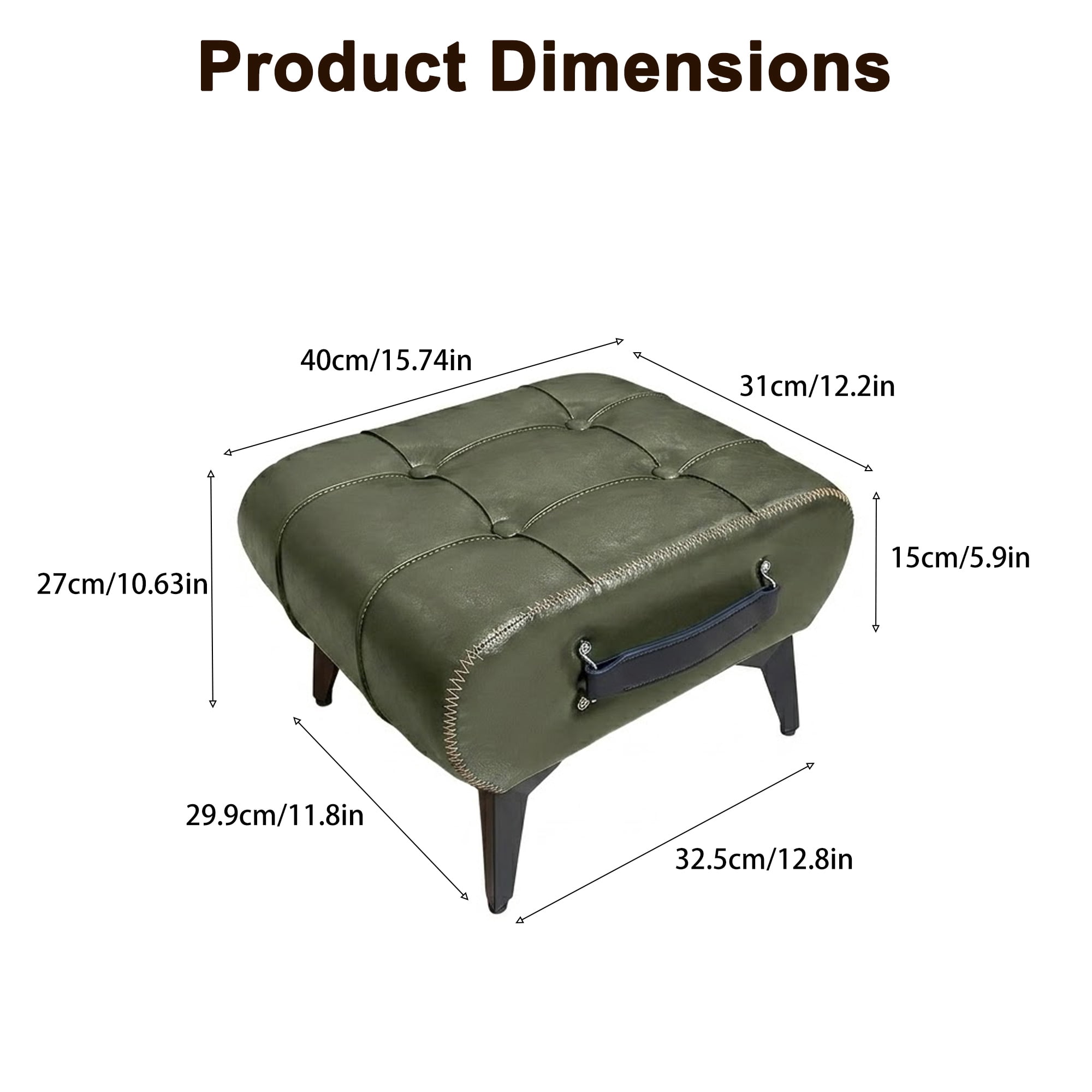 Leumius Modern Leather Stool with Hidden Storage,Portable Handles & Metal Legs,Square Footrest for Living Room,Green
