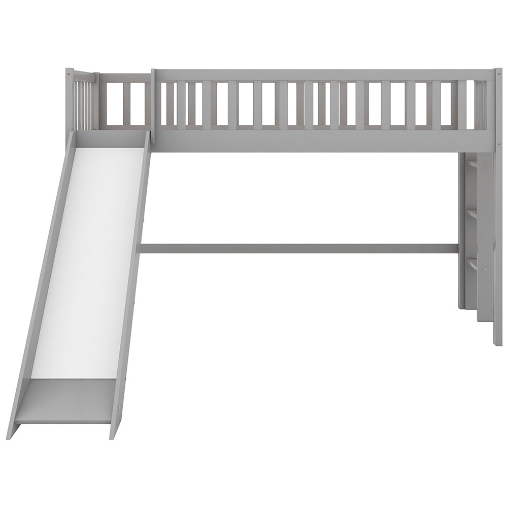 Kadyn Twin Size Low Loft Bed with Ladder and Slide, Gray